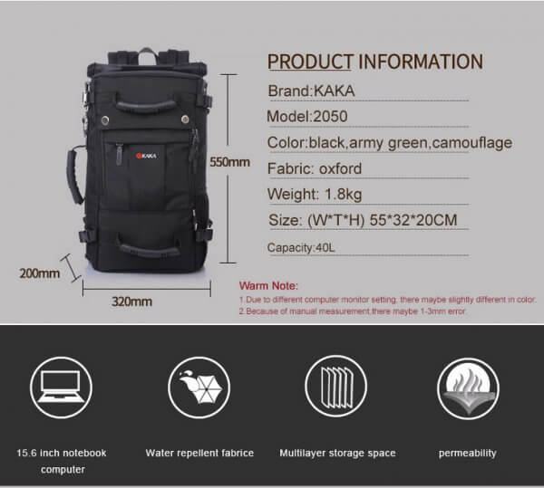KAKA Travel Large Capacity Polyester 40L Waterproof Luggage Backpack - Image 4