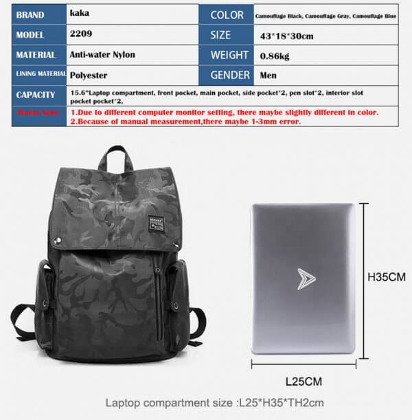 KAKA Men Camouflage 15.6" Laptop Nylon Waterproof Backpack - Image 3