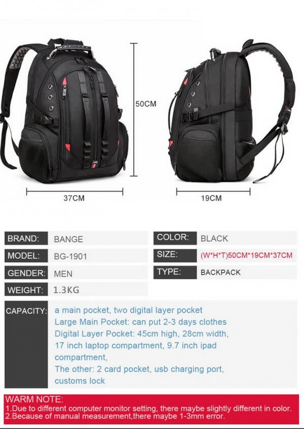 Male 45L Travel 15.6" Laptop USB Anti-theft Teens Schoolbag Backpack - Image 4