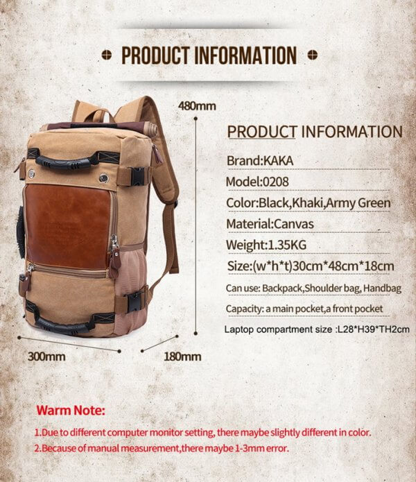 KAKA Vintage Large Capacity Canvas Outdoor Travel Luggage Backpack - Image 4