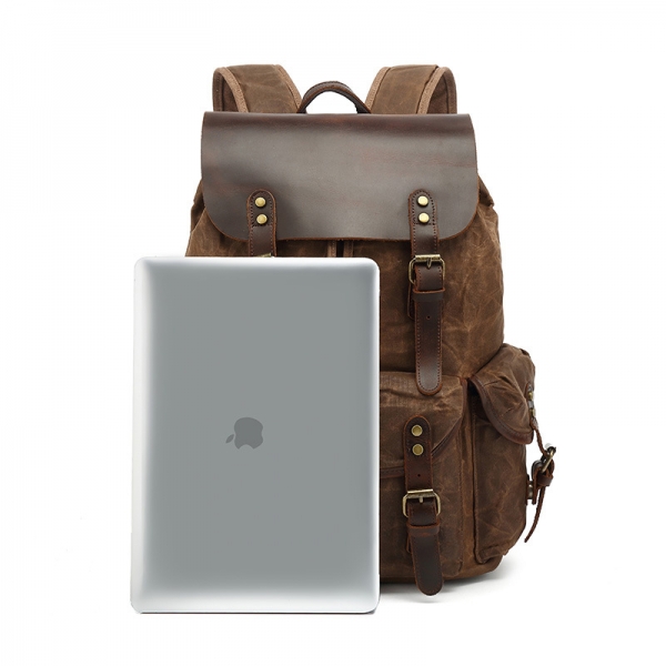 Oil-Waxed Canvas With Leather Backpack Vintage Waterproof Large Capacity Travel Bag Casual Mochila Leather Laptop Drawstring Rucksack - Image 2