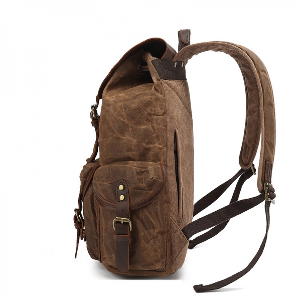 Oil-Waxed Canvas With Leather Backpack Vintage Waterproof Large Capacity Travel Bag Casual Mochila Leather Laptop Drawstring Rucksack - Image 3