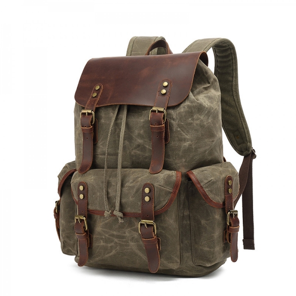 Oil-Waxed Canvas With Leather Backpack Vintage Waterproof Large Capacity Travel Bag Casual Mochila Leather Laptop Drawstring Rucksack - Image 5