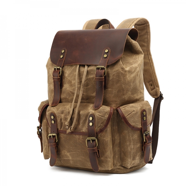 Oil-Waxed Canvas With Leather Backpack Vintage Waterproof Large Capacity Travel Bag Casual Mochila Leather Laptop Drawstring Rucksack - Image 6