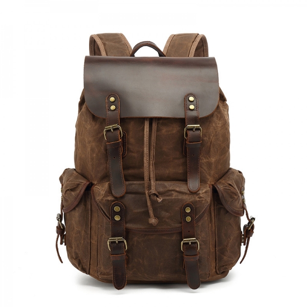 Oil-Waxed Canvas With Leather Backpack Vintage Waterproof Large Capacity Travel Bag Casual Mochila Leather Laptop Drawstring Rucksack
