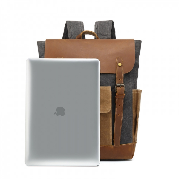 Canvas with Leather Vintage Canvas Large Capacity Backpack Travel Leather Military School Backpack - Image 3