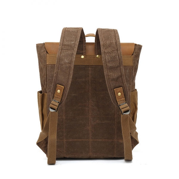 Canvas with Leather Vintage Canvas Large Capacity Backpack Travel Leather Military School Backpack - Image 4