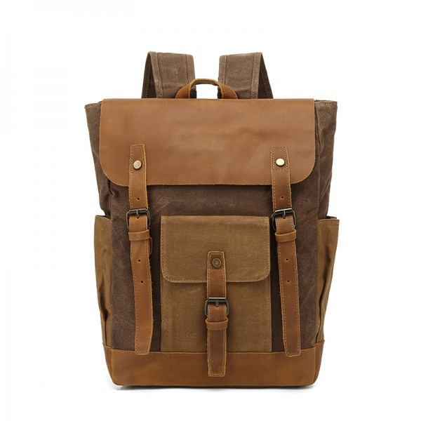 Canvas with Leather Vintage Canvas Large Capacity Backpack Travel Leather Military School Backpack - Image 5