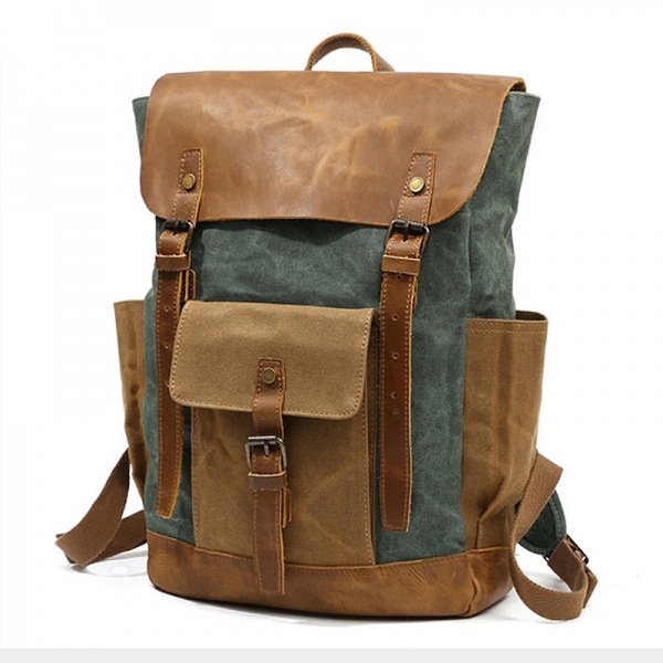Canvas with Leather Vintage Canvas Large Capacity Backpack Travel Leather Military School Backpack