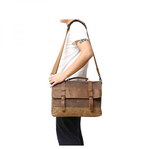 High Quality Male Briefcases Business Messenger Bag Canvas Crazy Horse Leather Travel Crossbody Shoulder Bag