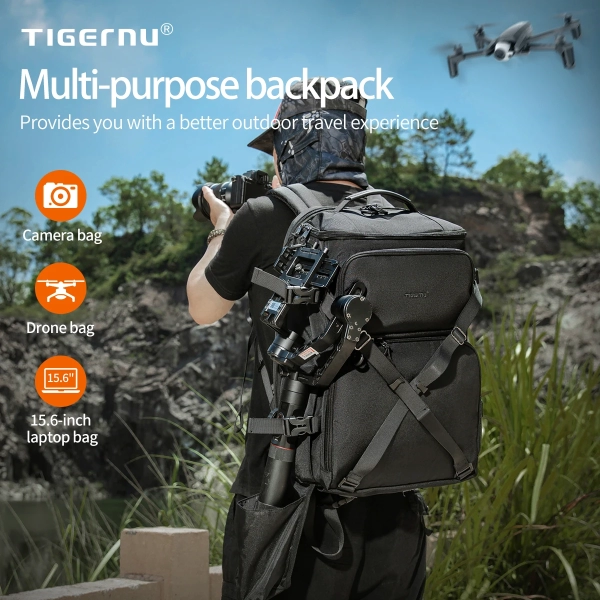 Tigernu Versatile Integrated Camera Drone Backpack 15.6 inch Laptop Backpack Waterproof Cover Travel Bag - Image 2